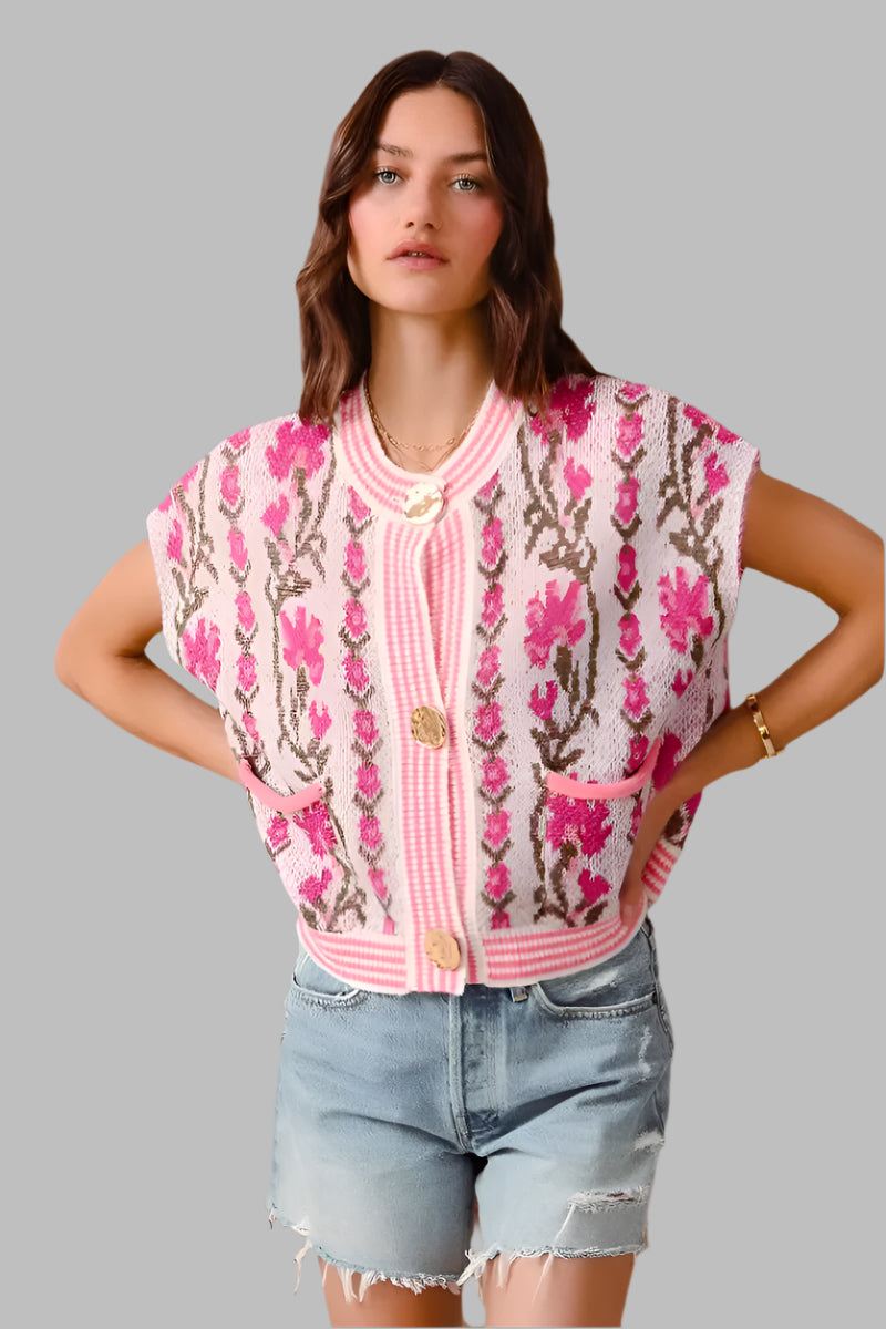 SO ME Button Front Floral and Stripe Knitted Sweater Vest - Blu Lotus Boutique