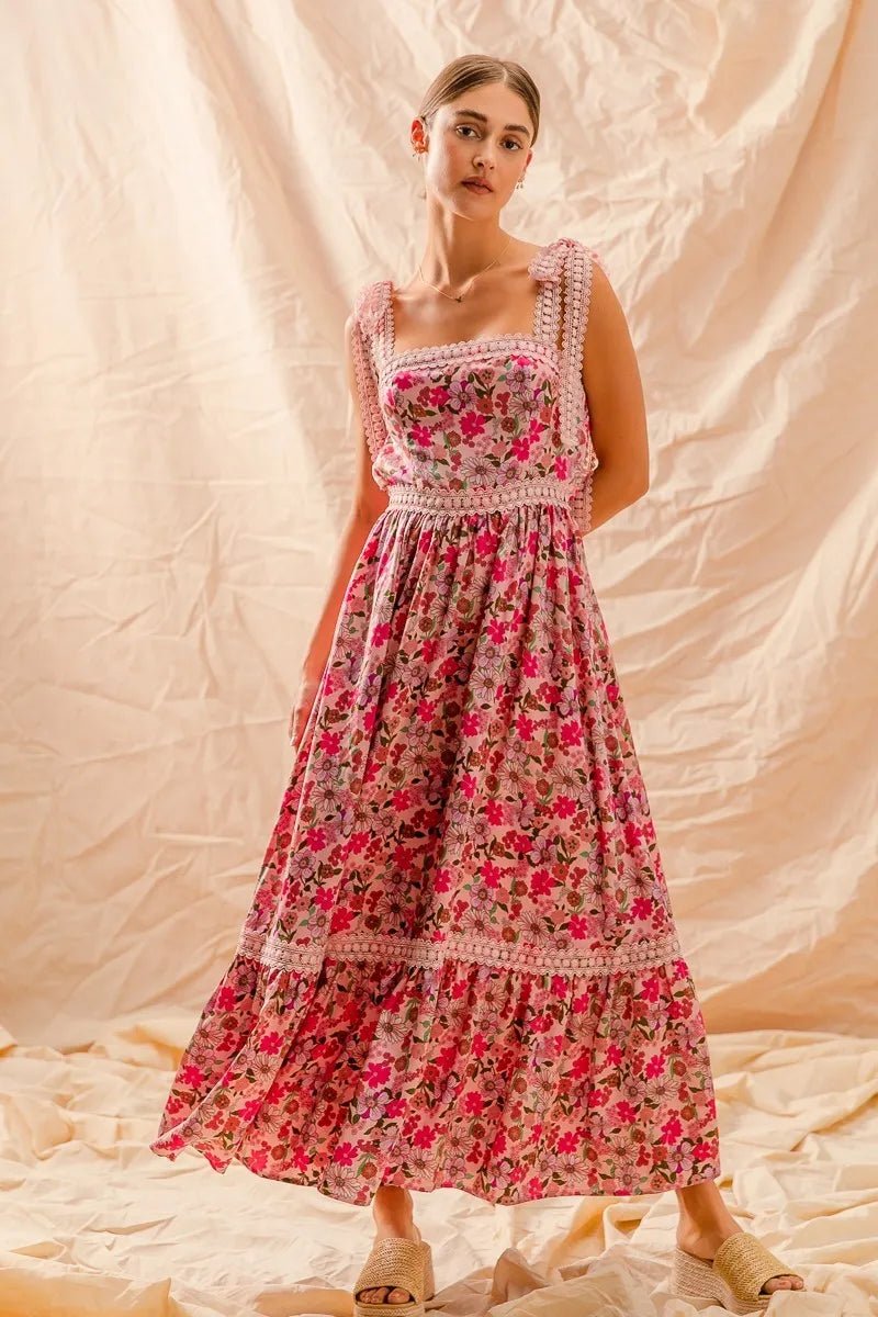 SO ME Floral Maxi Dress With Ribbon Tie Lace Strap - Blu Lotus Boutique