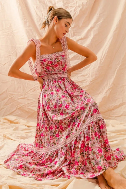 SO ME Floral Maxi Dress With Ribbon Tie Lace Strap - Blu Lotus Boutique
