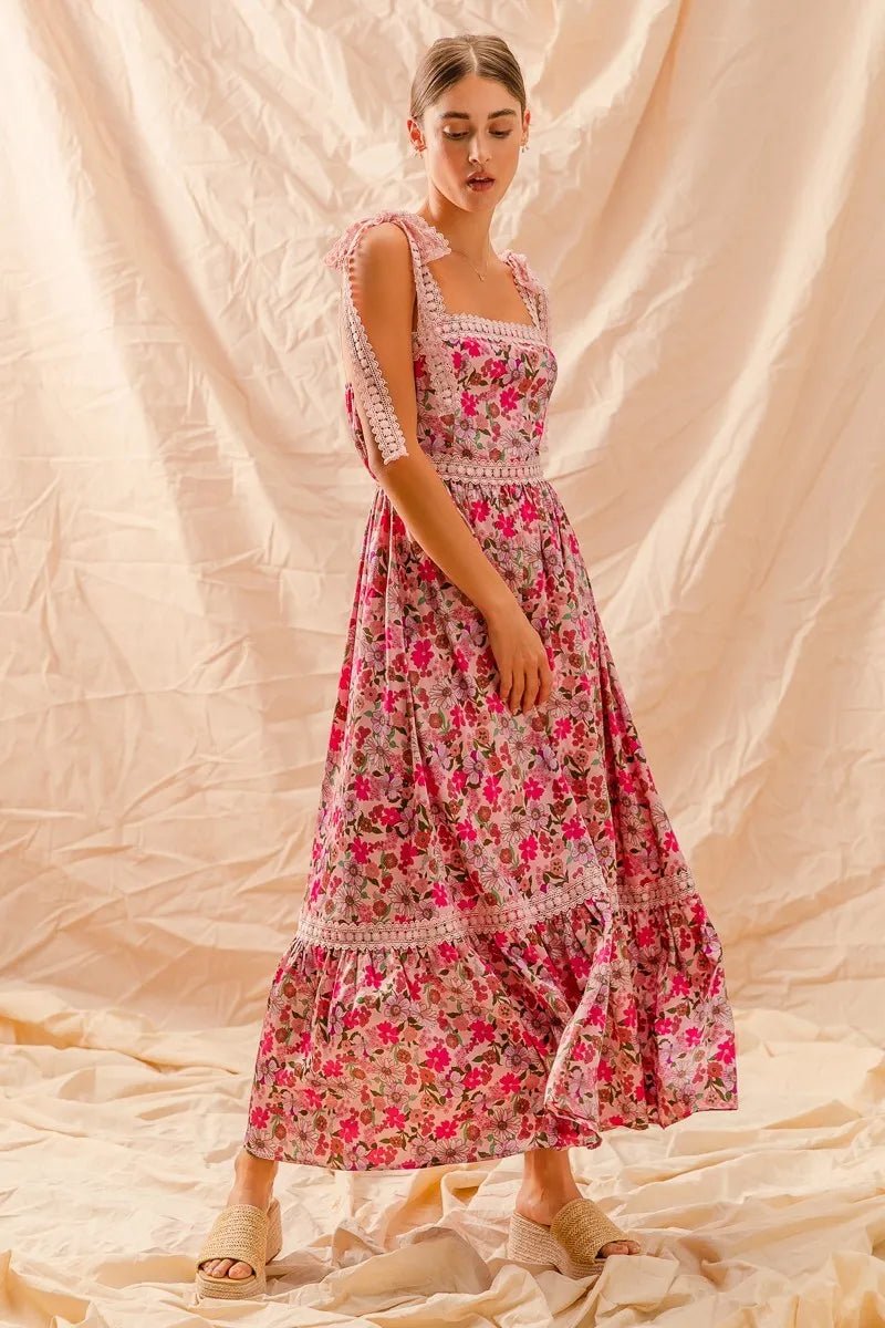 SO ME Floral Maxi Dress With Ribbon Tie Lace Strap - Blu Lotus Boutique