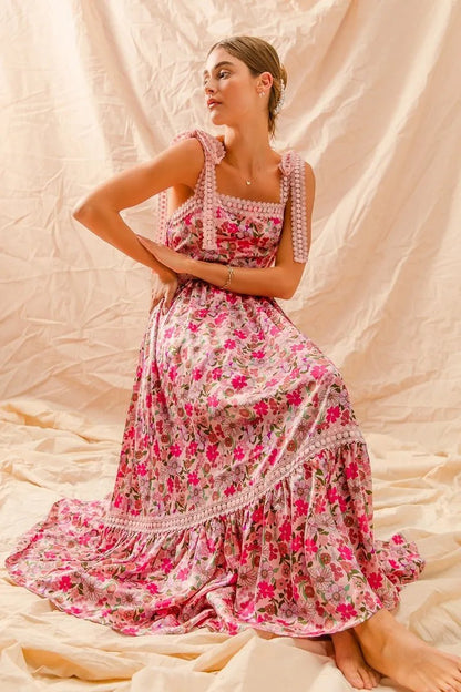 SO ME Floral Maxi Dress With Ribbon Tie Lace Strap - Blu Lotus Boutique