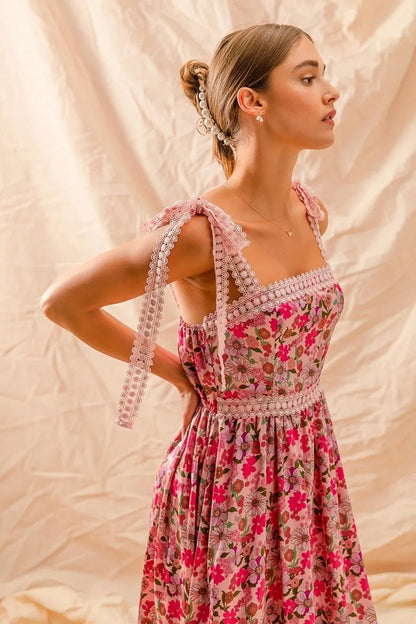 SO ME Floral Maxi Dress With Ribbon Tie Lace Strap - Blu Lotus Boutique