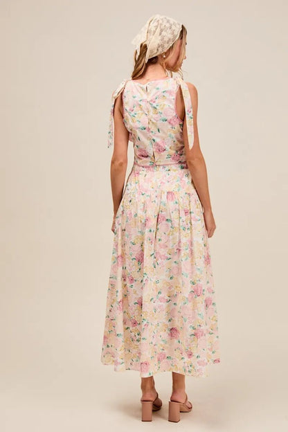 SO ME Floral Printed Woven Shoulder Bow Tie Top and Skirt Set - Blu Lotus Boutique