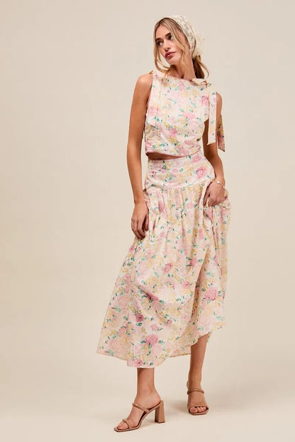 SO ME Floral Printed Woven Shoulder Bow Tie Top and Skirt Set - Blu Lotus Boutique