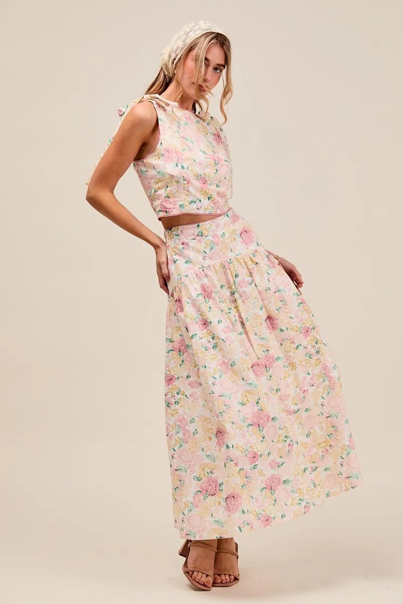 SO ME Floral Printed Woven Shoulder Bow Tie Top and Skirt Set - Blu Lotus Boutique