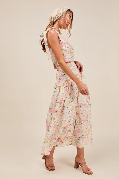 SO ME Floral Printed Woven Shoulder Bow Tie Top and Skirt Set - Blu Lotus Boutique