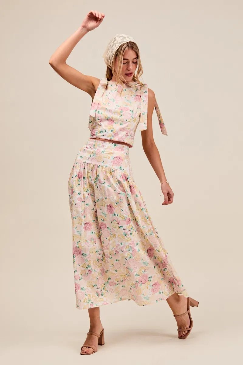 SO ME Floral Printed Woven Shoulder Bow Tie Top and Skirt Set - Blu Lotus Boutique