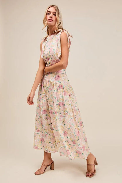 SO ME Floral Printed Woven Shoulder Bow Tie Top and Skirt Set - Blu Lotus Boutique