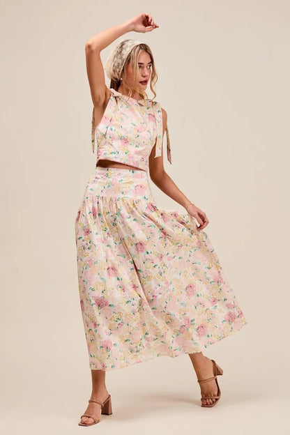 SO ME Floral Printed Woven Shoulder Bow Tie Top and Skirt Set - Blu Lotus Boutique