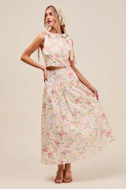 SO ME Floral Printed Woven Shoulder Bow Tie Top and Skirt Set - Blu Lotus Boutique