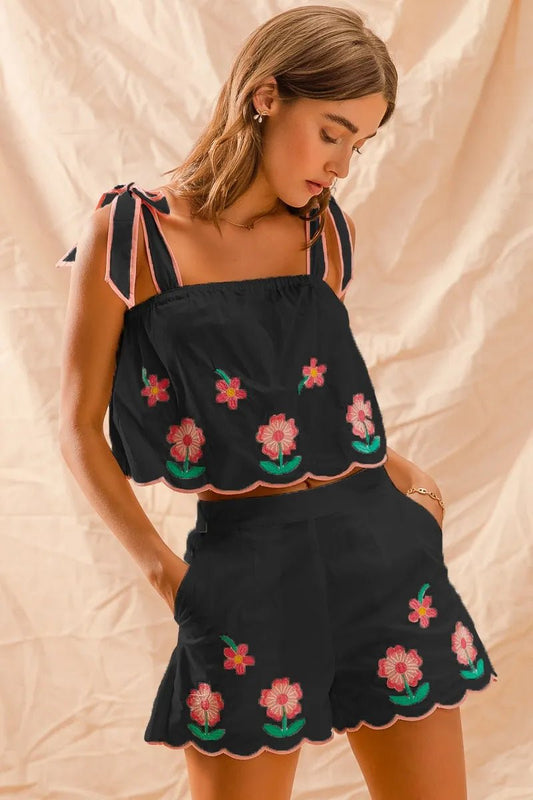 SO ME Flower Embroidered Tank Top and Shorts Set - Blu Lotus Boutique