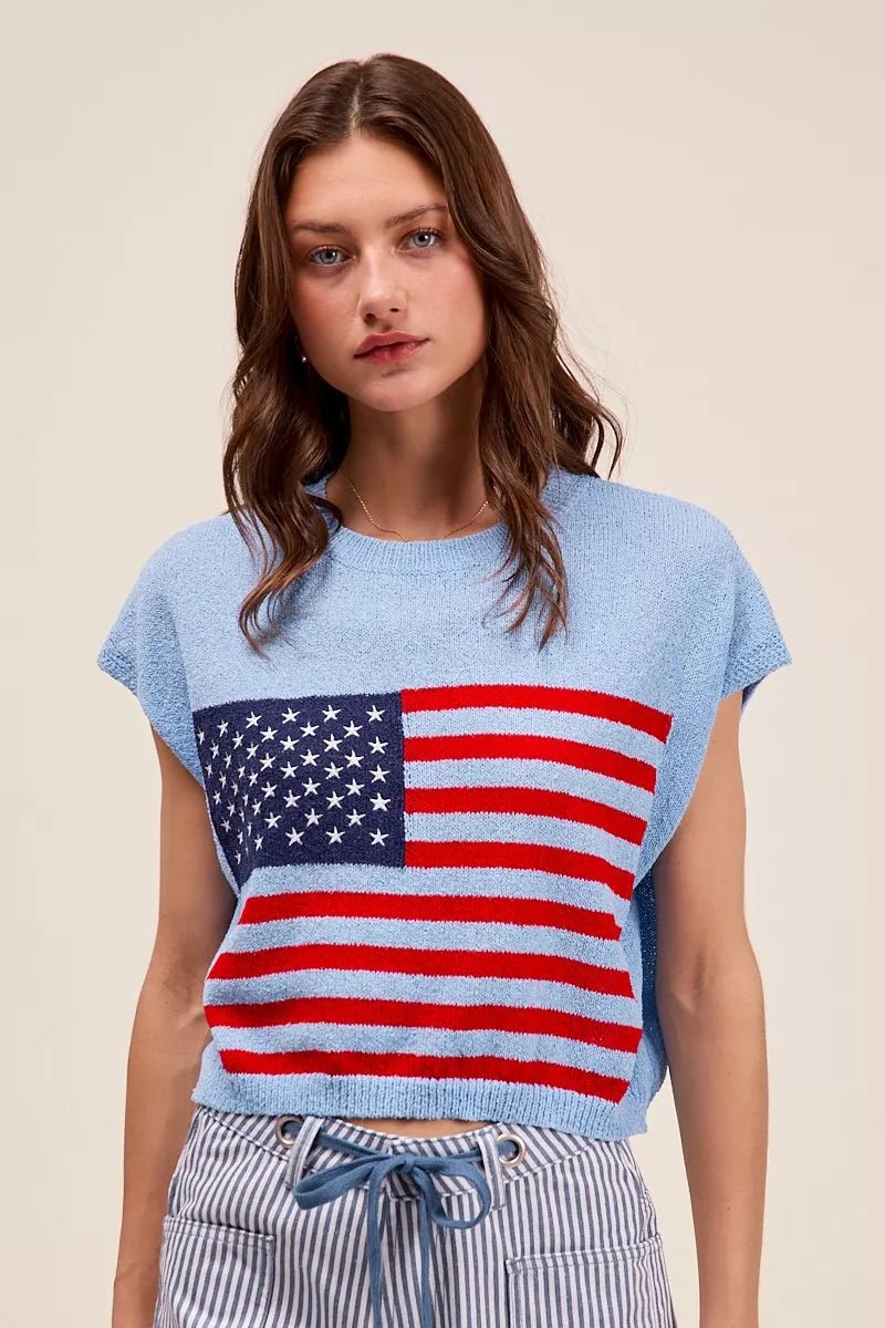 SO ME Fourth Of July American Flag Boxy Fit Sweater Top - Blu Lotus Boutique