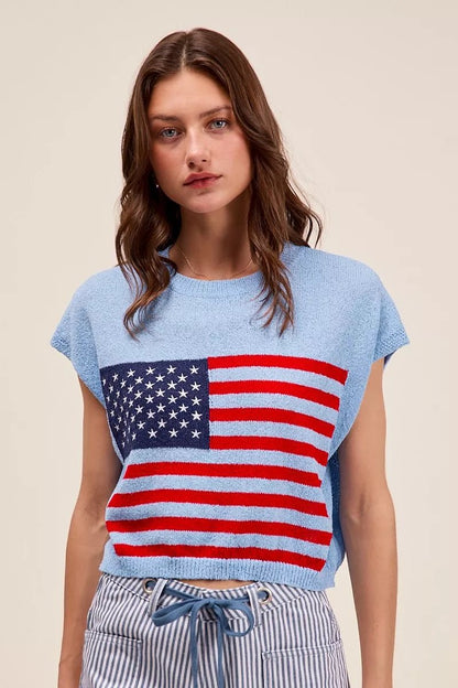 SO ME Fourth Of July American Flag Boxy Fit Sweater Top - Blu Lotus Boutique