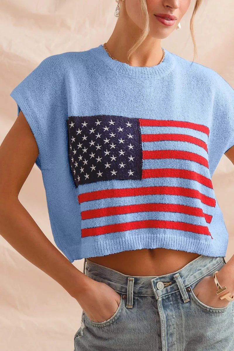SO ME Fourth Of July American Flag Boxy Fit Sweater Top - Blu Lotus Boutique