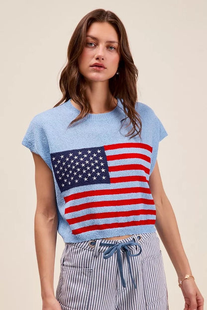 SO ME Fourth Of July American Flag Boxy Fit Sweater Top - Blu Lotus Boutique