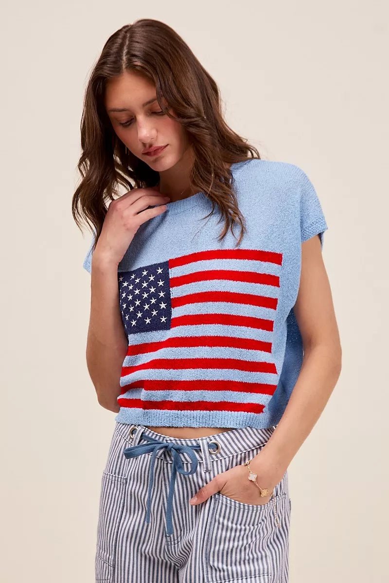 SO ME Fourth Of July American Flag Boxy Fit Sweater Top - Blu Lotus Boutique