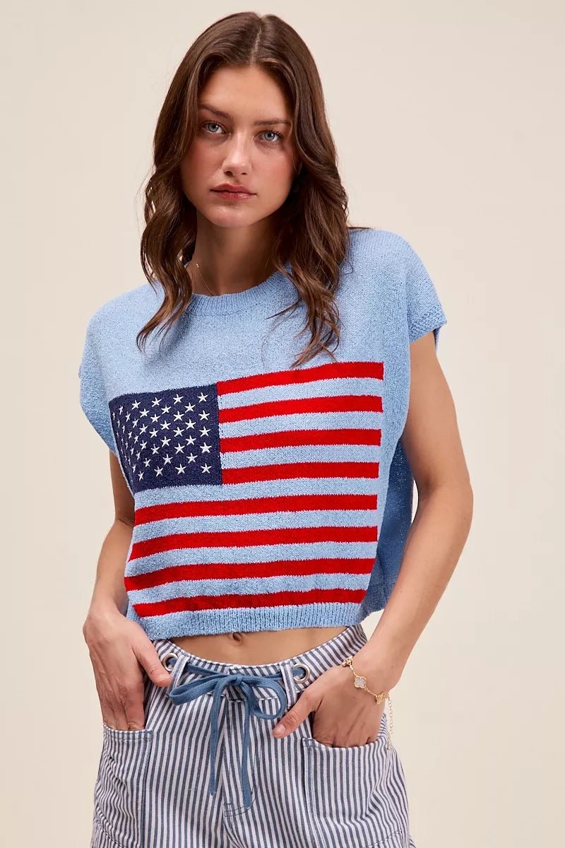 SO ME Fourth Of July American Flag Boxy Fit Sweater Top - Blu Lotus Boutique