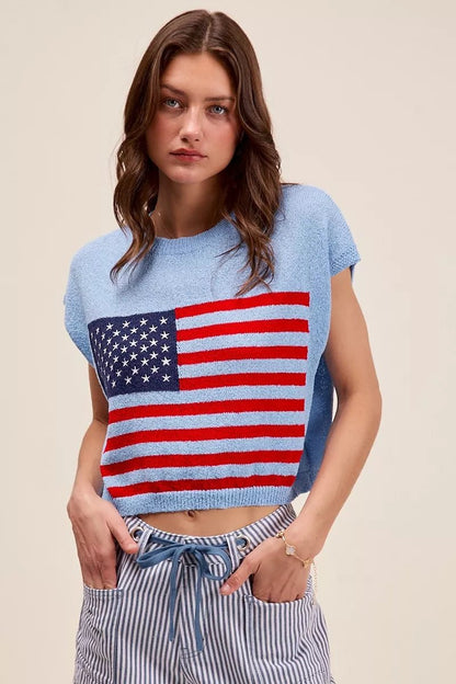 SO ME Fourth Of July American Flag Boxy Fit Sweater Top - Blu Lotus Boutique