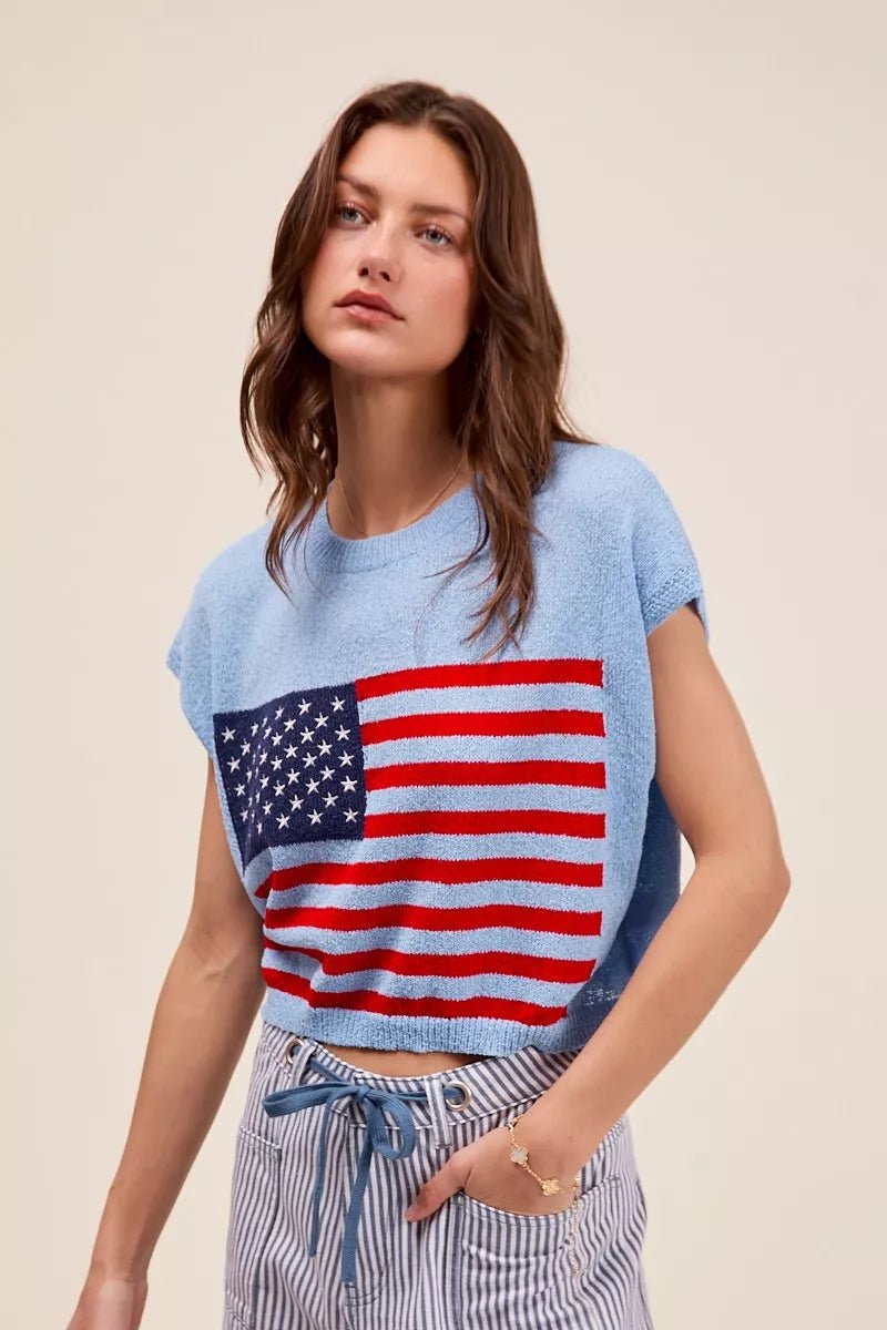 SO ME Fourth Of July American Flag Boxy Fit Sweater Top - Blu Lotus Boutique