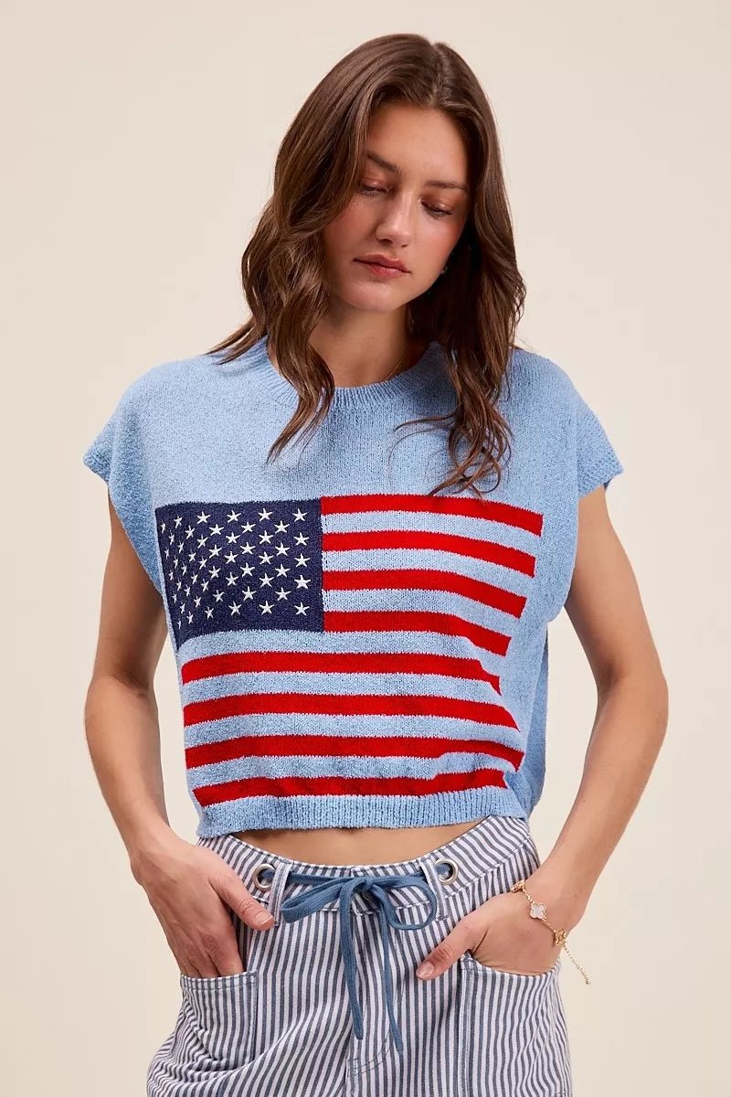 SO ME Fourth Of July American Flag Boxy Fit Sweater Top - Blu Lotus Boutique