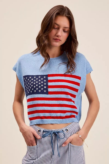 SO ME Fourth Of July American Flag Boxy Fit Sweater Top - Blu Lotus Boutique