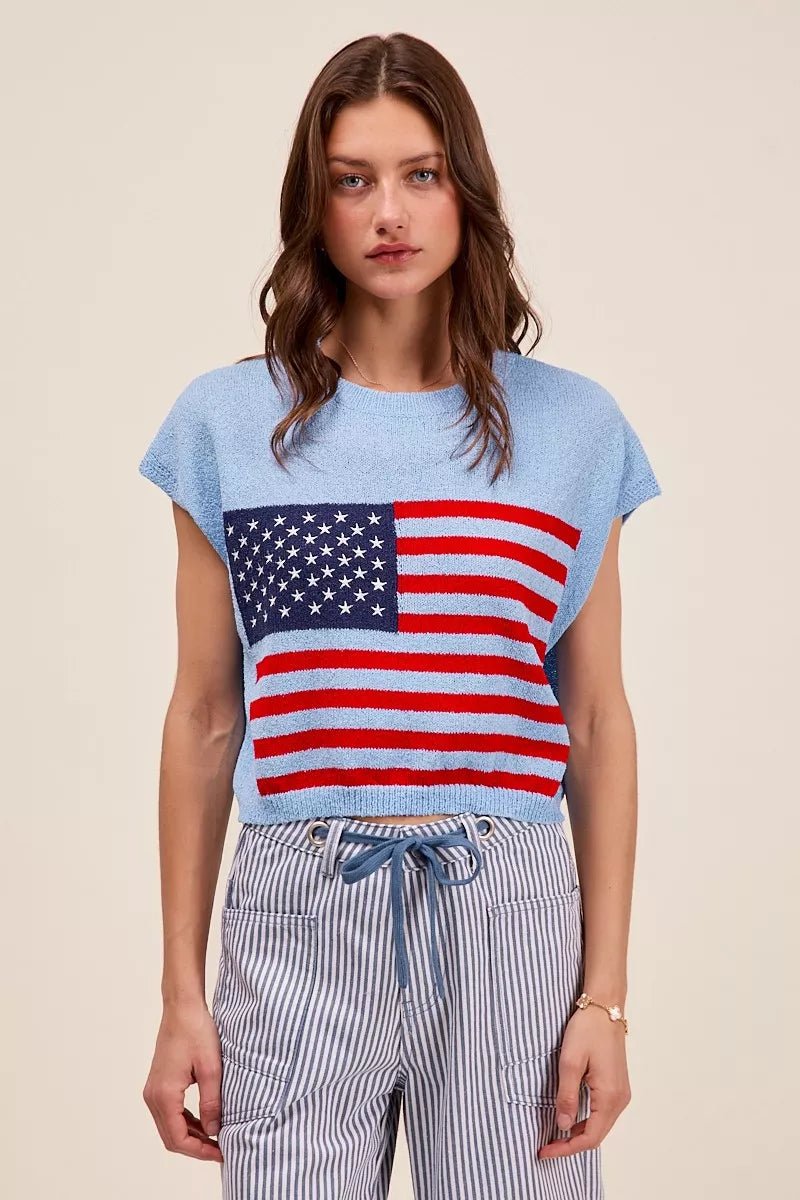 SO ME Fourth Of July American Flag Boxy Fit Sweater Top - Blu Lotus Boutique