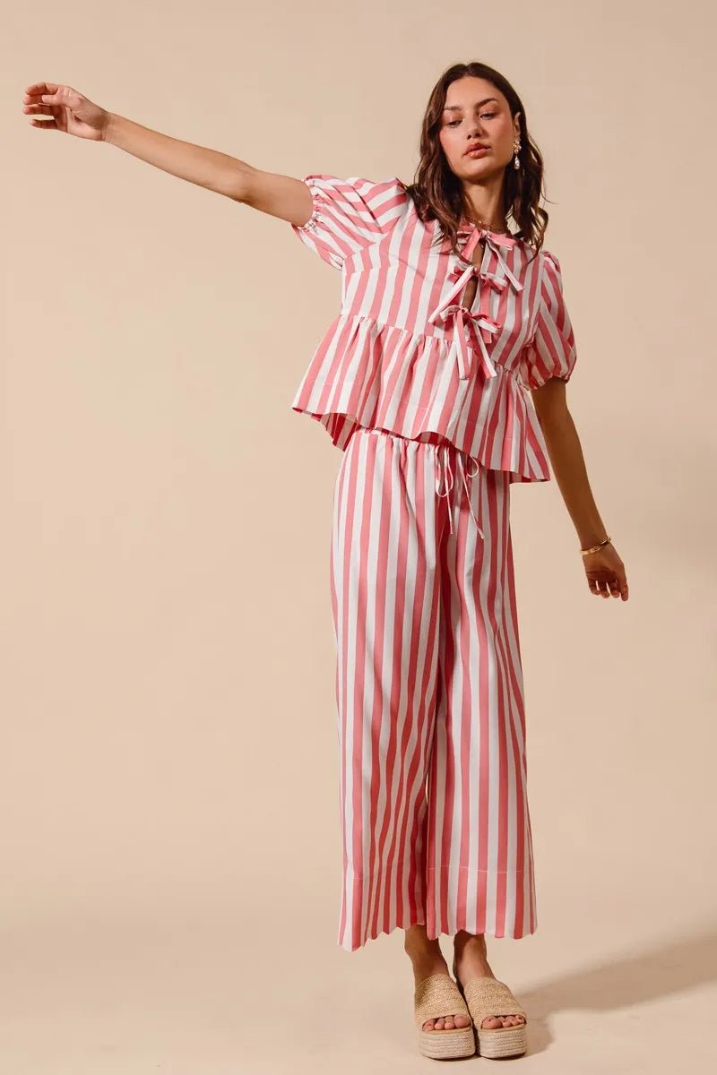 SO ME Front Tie Stripe Top With Puff Sleeves and Wide Leg Pants Set - Blu Lotus Boutique