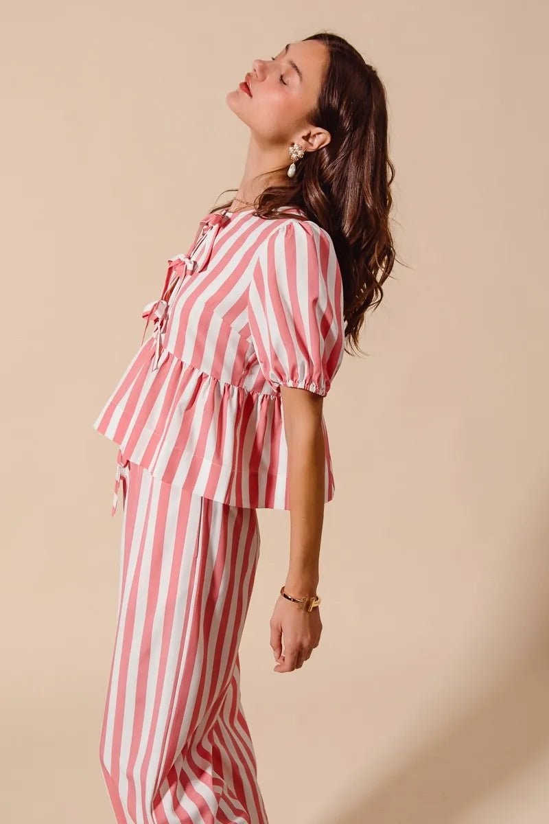 SO ME Front Tie Stripe Top With Puff Sleeves and Wide Leg Pants Set - Blu Lotus Boutique