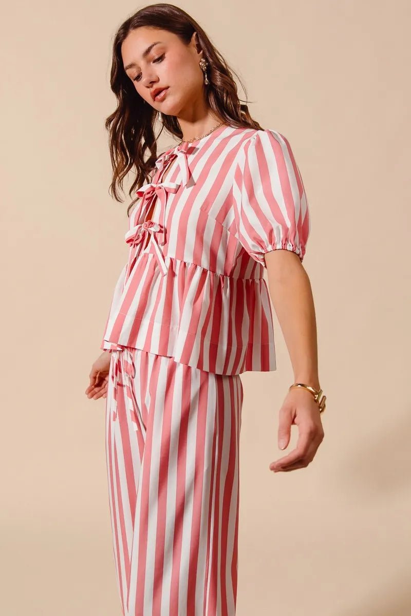 SO ME Front Tie Stripe Top With Puff Sleeves and Wide Leg Pants Set - Blu Lotus Boutique