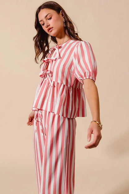 SO ME Front Tie Stripe Top With Puff Sleeves and Wide Leg Pants Set - Blu Lotus Boutique
