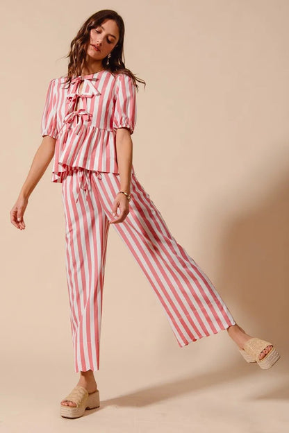 SO ME Front Tie Stripe Top With Puff Sleeves and Wide Leg Pants Set - Blu Lotus Boutique