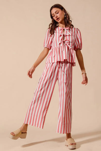 SO ME Front Tie Stripe Top With Puff Sleeves and Wide Leg Pants Set - Blu Lotus Boutique