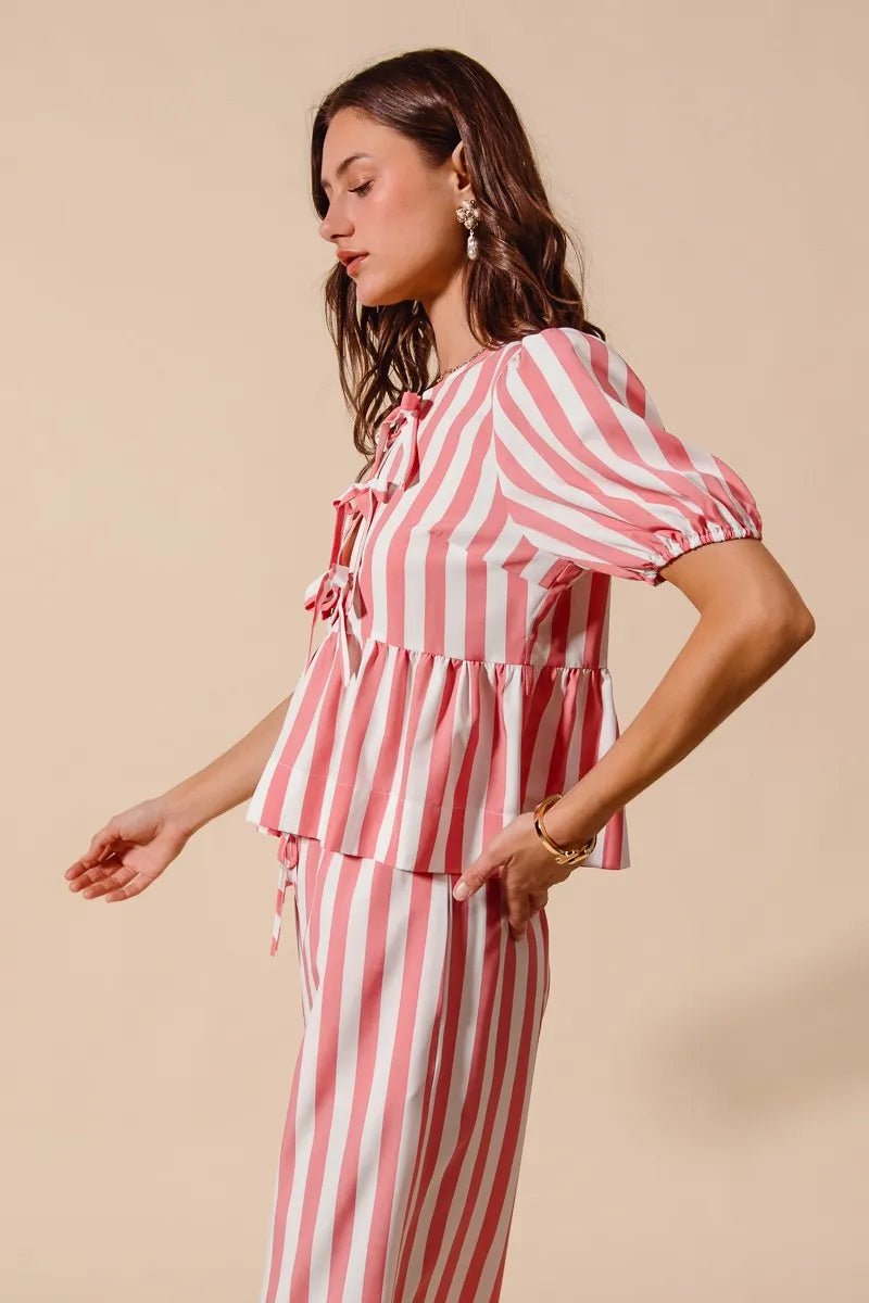 SO ME Front Tie Stripe Top With Puff Sleeves and Wide Leg Pants Set - Blu Lotus Boutique