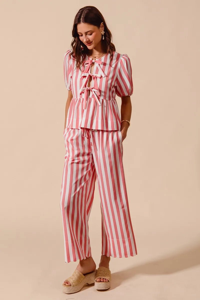 SO ME Front Tie Stripe Top With Puff Sleeves and Wide Leg Pants Set - Blu Lotus Boutique