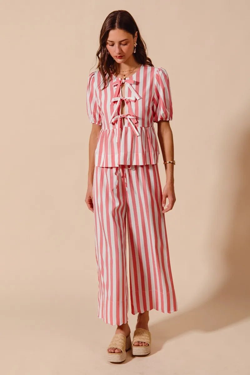 SO ME Front Tie Stripe Top With Puff Sleeves and Wide Leg Pants Set - Blu Lotus Boutique
