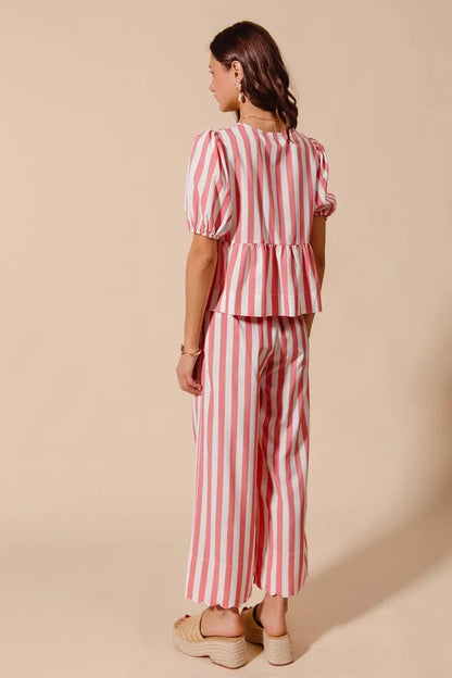 SO ME Front Tie Stripe Top With Puff Sleeves and Wide Leg Pants Set - Blu Lotus Boutique
