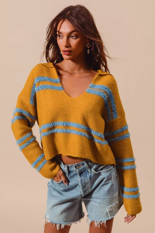 SO ME Fuzzy Hairy Stripe Deep U Neck Swetaer - Blu Lotus Boutique