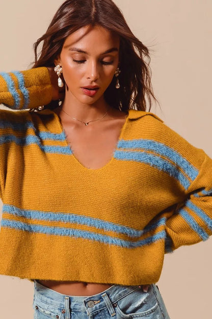 SO ME Fuzzy Hairy Stripe Deep U Neck Swetaer - Blu Lotus Boutique