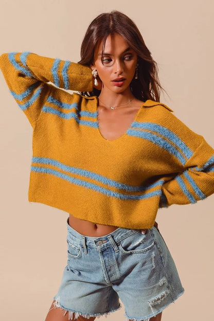 SO ME Fuzzy Hairy Stripe Deep U Neck Swetaer - Blu Lotus Boutique