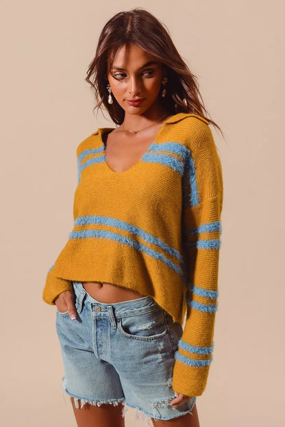 SO ME Fuzzy Hairy Stripe Deep U Neck Swetaer - Blu Lotus Boutique
