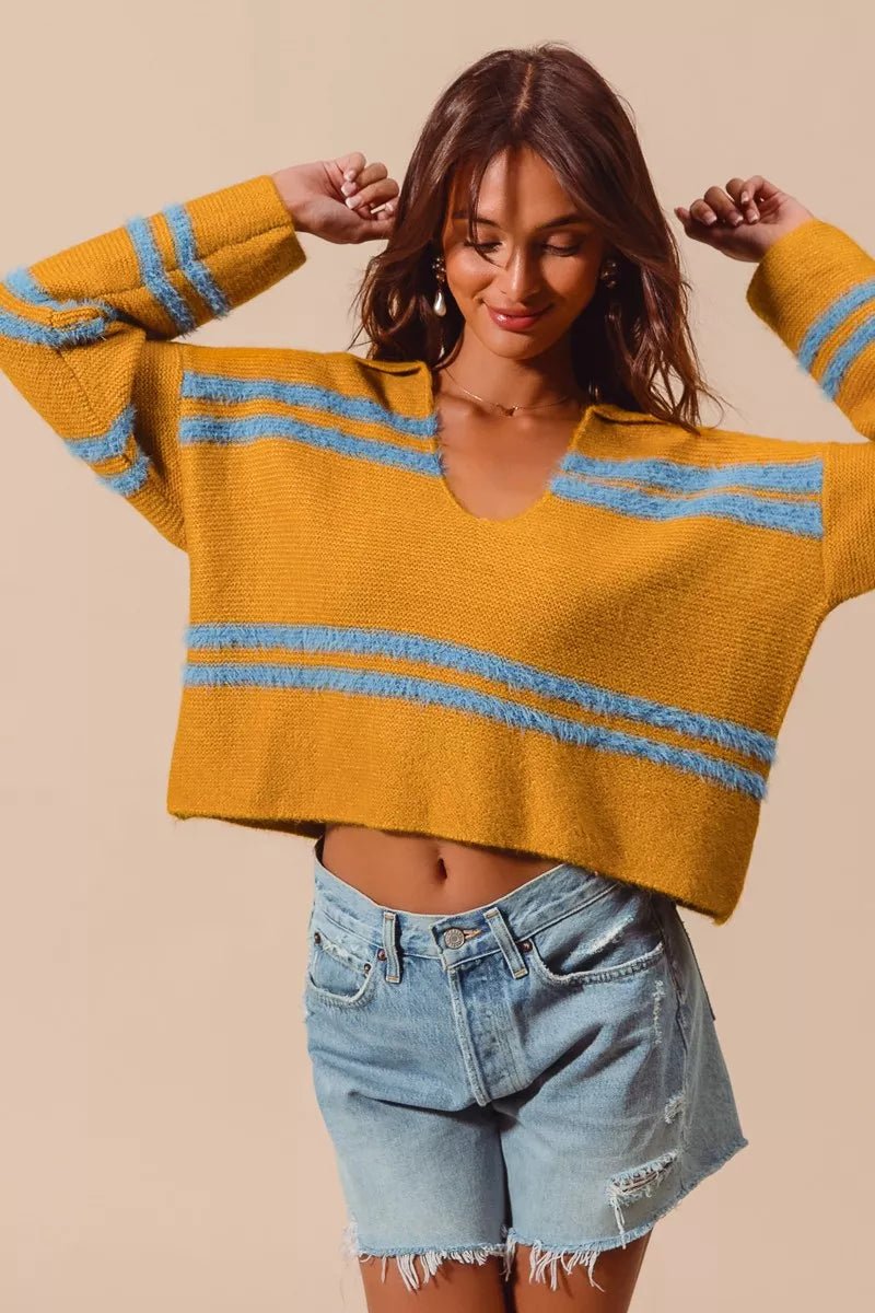 SO ME Fuzzy Hairy Stripe Deep U Neck Swetaer - Blu Lotus Boutique
