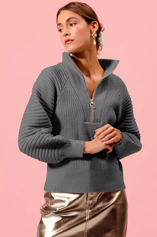 SO ME Half Zip Raglan Balloon Sleeves Ribbed Sweater - Blu Lotus Boutique