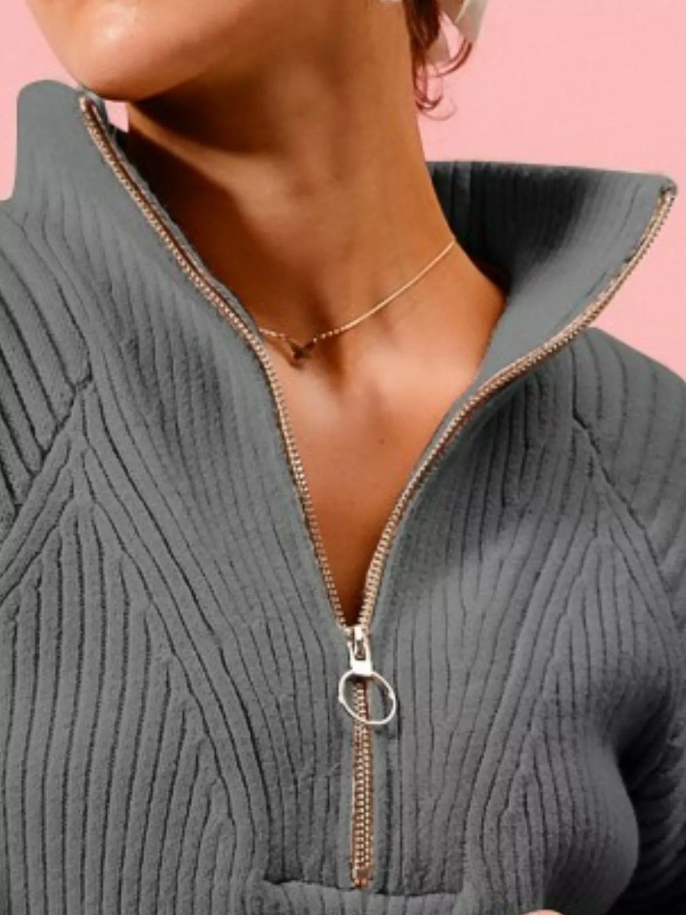 SO ME Half Zip Raglan Balloon Sleeves Ribbed Sweater - Blu Lotus Boutique