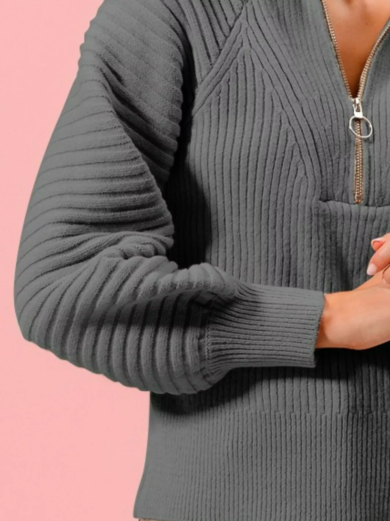 SO ME Half Zip Raglan Balloon Sleeves Ribbed Sweater - Blu Lotus Boutique