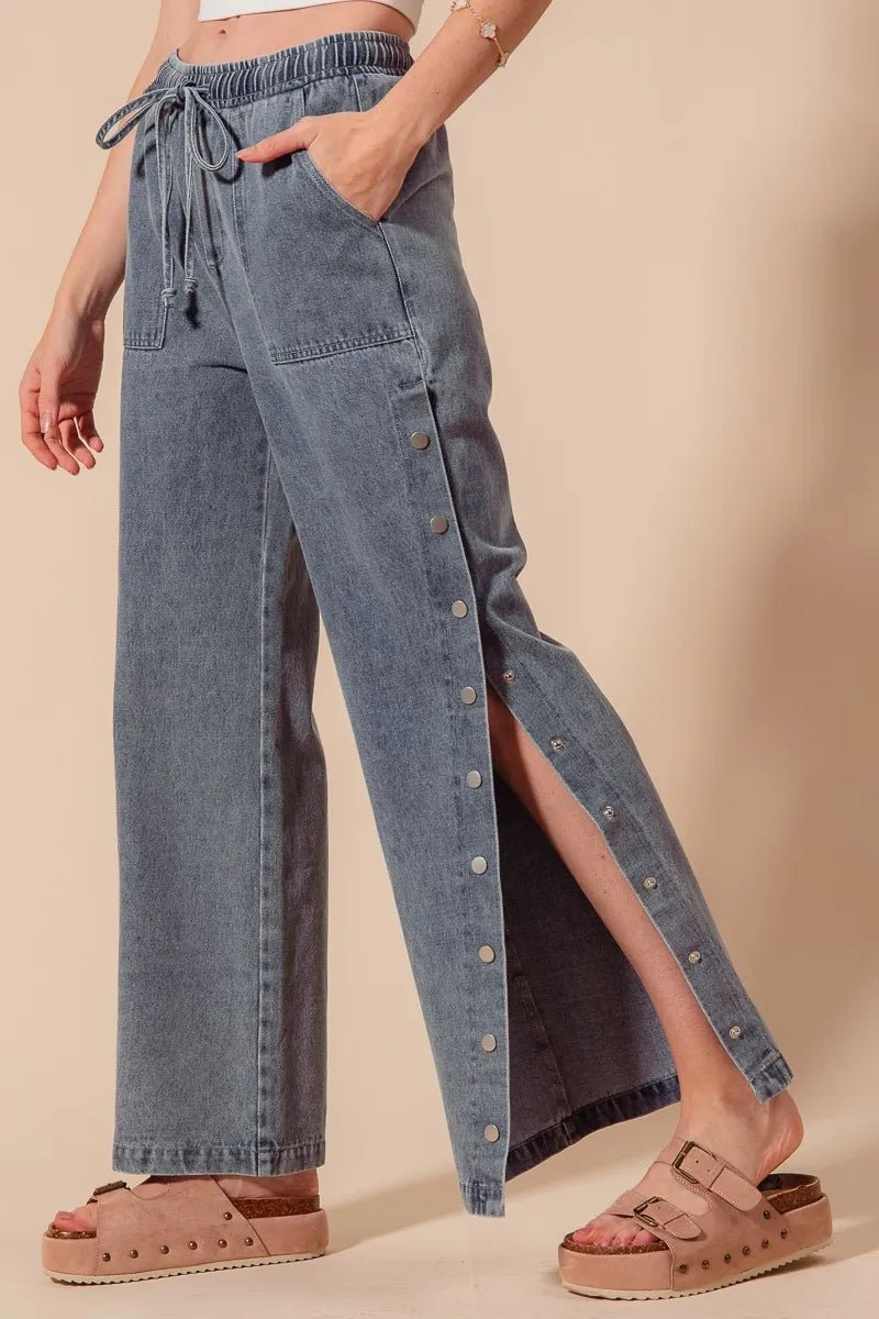 SO ME Mid Rise Drawstring Jeans with Side Snap Button - Blu Lotus Boutique
