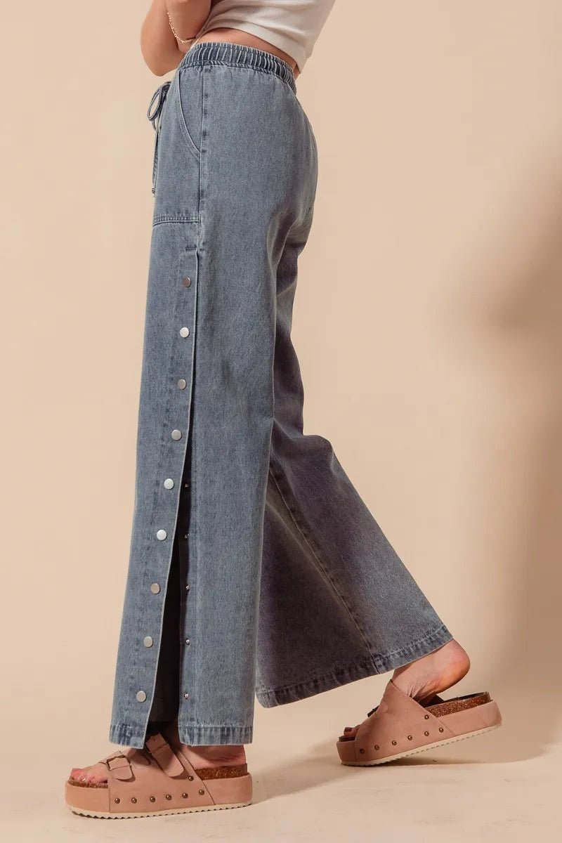 SO ME Mid Rise Drawstring Jeans with Side Snap Button - Blu Lotus Boutique