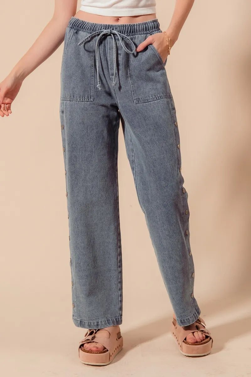 SO ME Mid Rise Drawstring Jeans with Side Snap Button - Blu Lotus Boutique