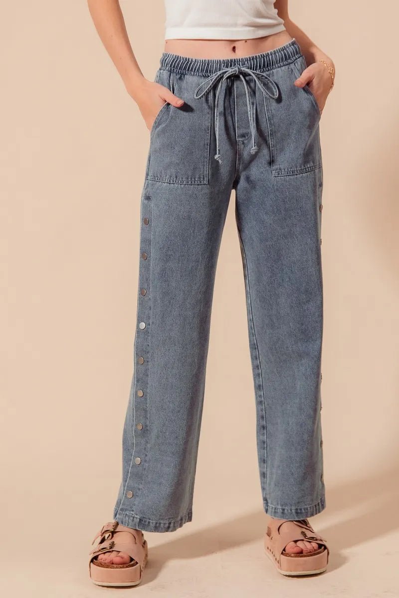 SO ME Mid Rise Drawstring Jeans with Side Snap Button - Blu Lotus Boutique