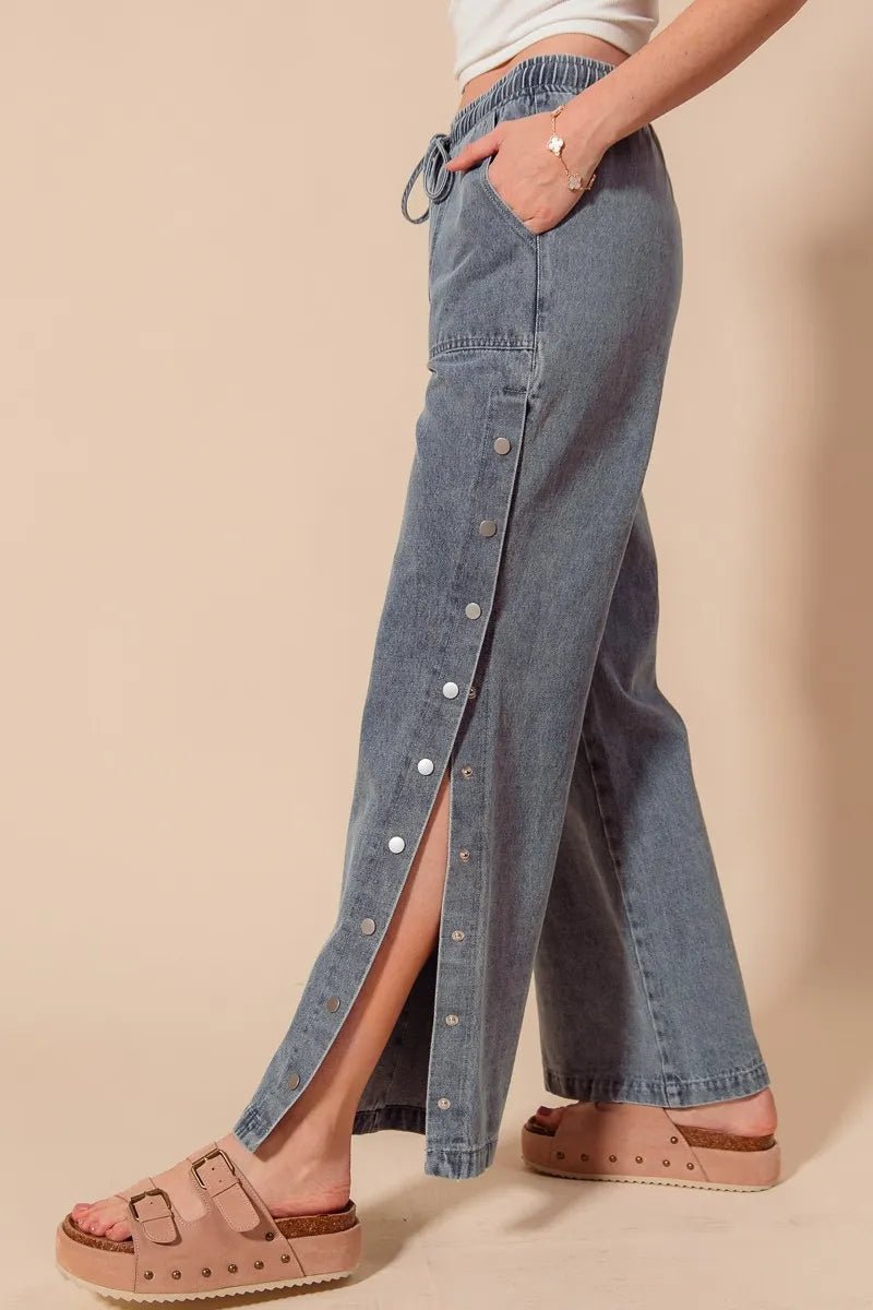 SO ME Mid Rise Drawstring Jeans with Side Snap Button - Blu Lotus Boutique