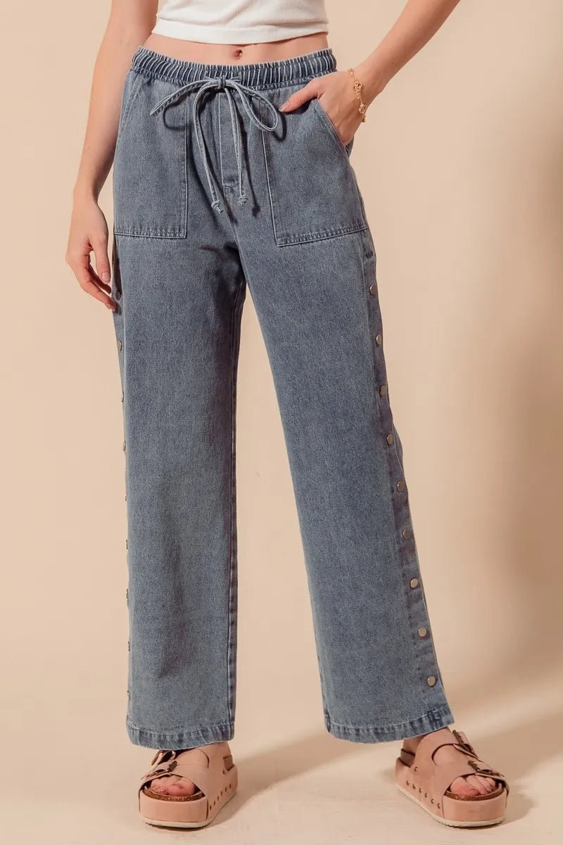 SO ME Mid Rise Drawstring Jeans with Side Snap Button - Blu Lotus Boutique